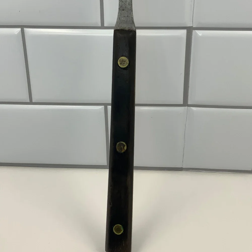 Vintage Unbranded Two Tine Carving Fork Wood Carbon Steel Brown 10.75in